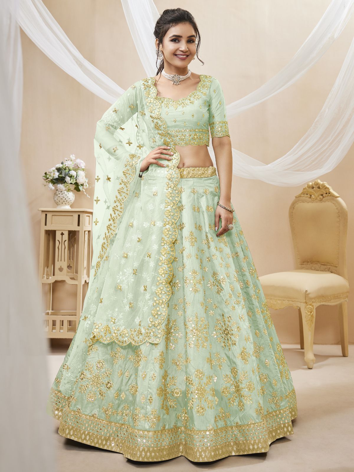 Odette Light Green Art Silk Embroidered Semi Stitched Lehenga With Unstitched Blouse For Women