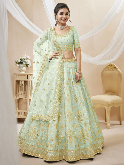 Odette Light Green Art Silk Embroidered Semi Stitched Lehenga With Unstitched Blouse For Women