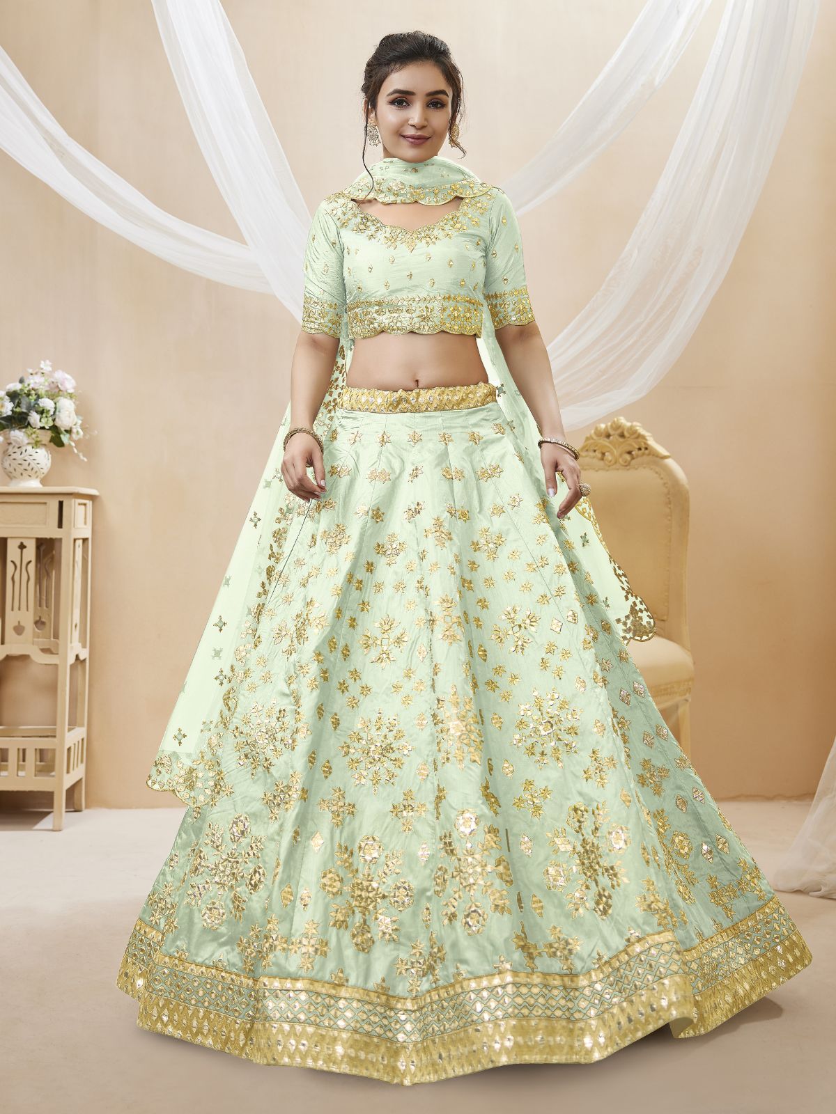 Odette Light Green Art Silk Embroidered Semi Stitched Lehenga With Unstitched Blouse For Women