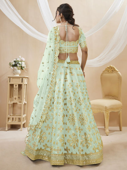 Odette Light Green Art Silk Embroidered Semi Stitched Lehenga With Unstitched Blouse For Women