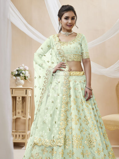Odette Light Green Art Silk Embroidered Semi Stitched Lehenga With Unstitched Blouse For Women
