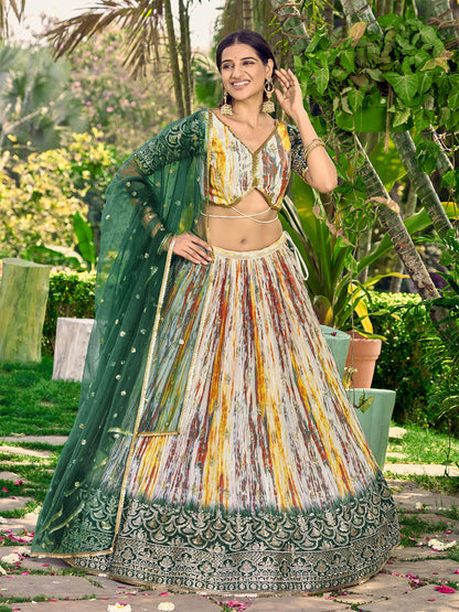 Odette Green Chinon Embellished Semi Stitched Lehenga With Unstitched Blouse For Women