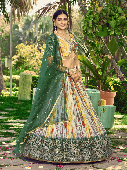Odette Green Chinon Embellished Semi Stitched Lehenga With Unstitched Blouse For Women