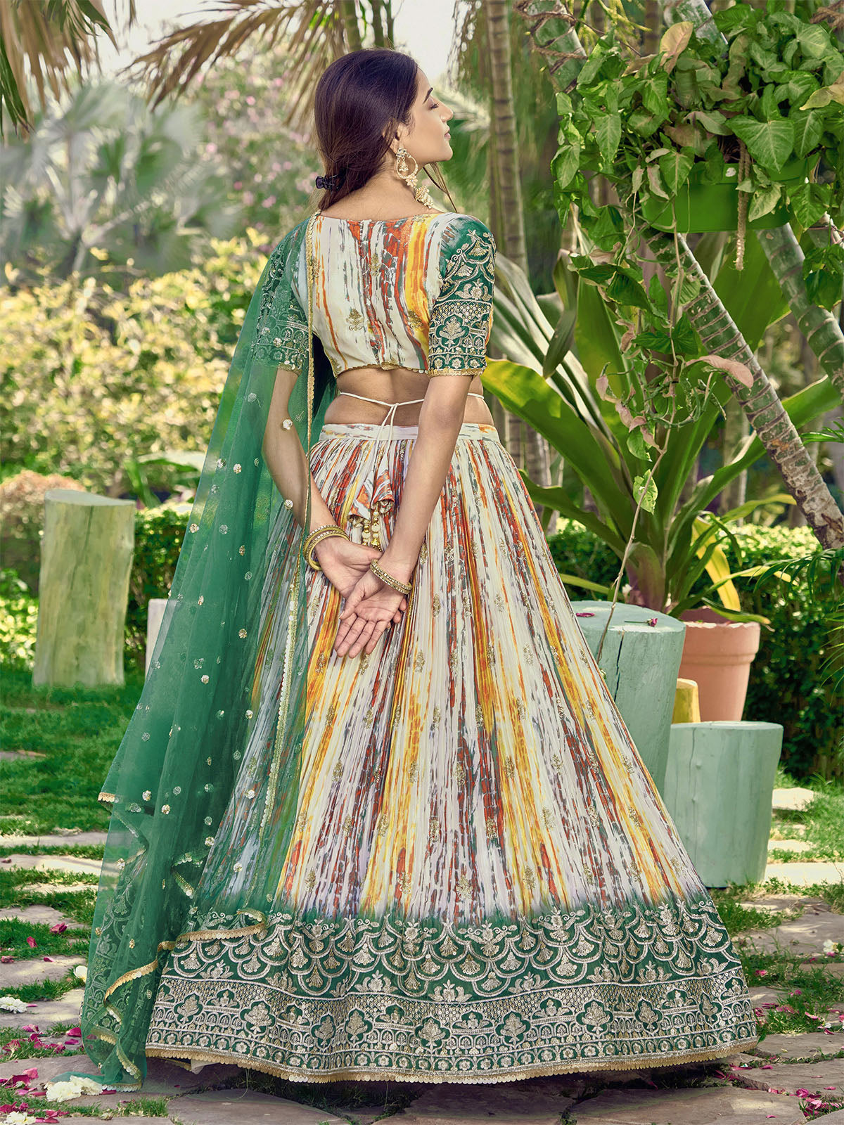 Odette Green Chinon Embellished Semi Stitched Lehenga With Unstitched Blouse For Women