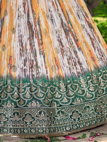 Odette Green Chinon Embellished Semi Stitched Lehenga With Unstitched Blouse For Women
