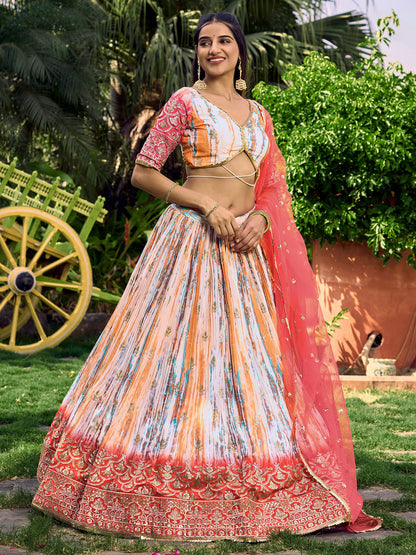 Odette Pink Chinon Embellished Semi Stitched Lehenga With Unstitched Blouse For Women