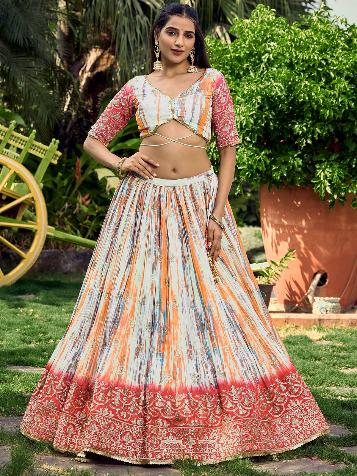 Odette Pink Chinon Embellished Semi Stitched Lehenga With Unstitched Blouse For Women