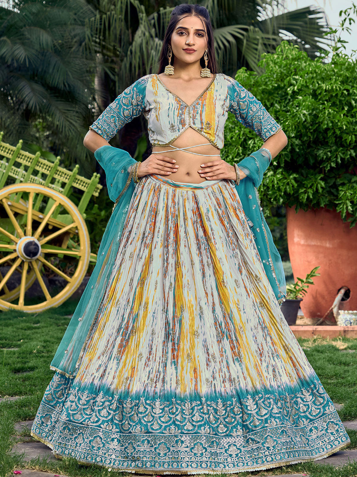 Odette Teal Chinon Embellished Semi Stitched Lehenga With Unstitched Blouse For Women