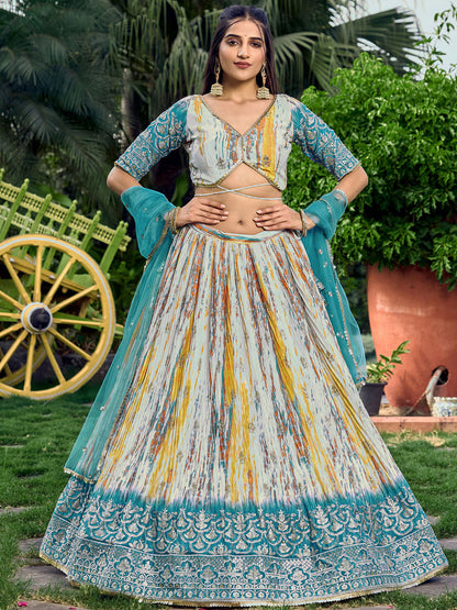 Odette Teal Chinon Embellished Semi Stitched Lehenga With Unstitched Blouse For Women
