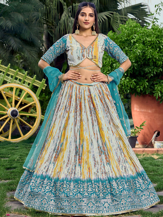 Odette Teal Chinon Embellished Semi Stitched Lehenga With Unstitched Blouse For Women