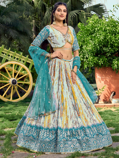 Odette Teal Chinon Embellished Semi Stitched Lehenga With Unstitched Blouse For Women