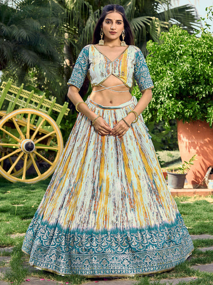 Odette Teal Chinon Embellished Semi Stitched Lehenga With Unstitched Blouse For Women