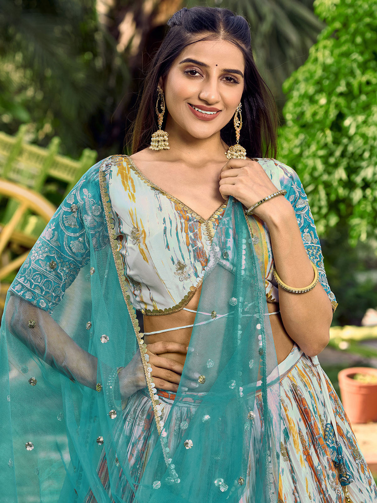 Odette Teal Chinon Embellished Semi Stitched Lehenga With Unstitched Blouse For Women