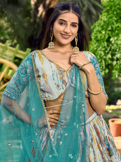 Odette Teal Chinon Embellished Semi Stitched Lehenga With Unstitched Blouse For Women