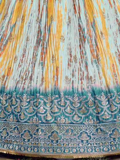 Odette Teal Chinon Embellished Semi Stitched Lehenga With Unstitched Blouse For Women