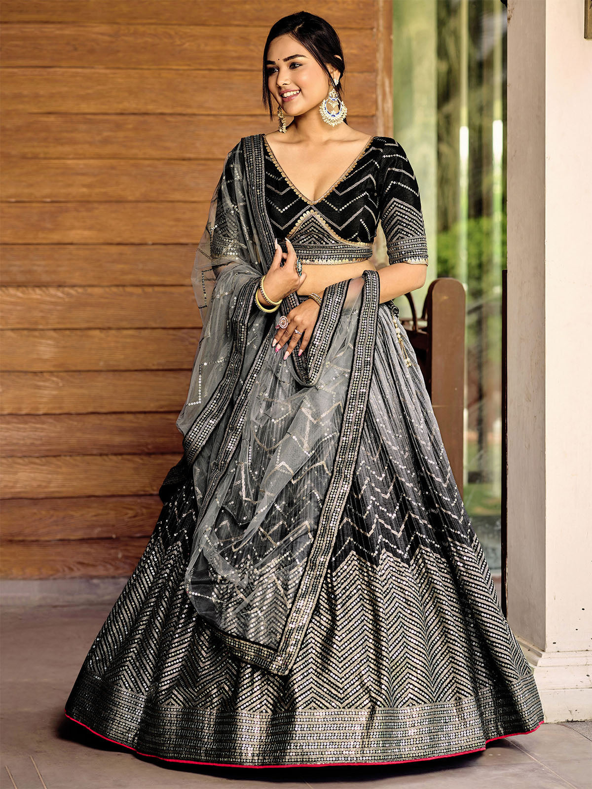 Odette Black Chinon Embellished Semi Stitched Lehenga With Unstitched Blouse For Women