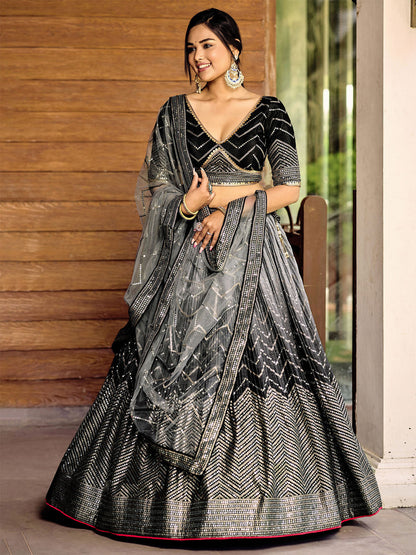 Odette Black Chinon Embellished Semi Stitched Lehenga With Unstitched Blouse For Women