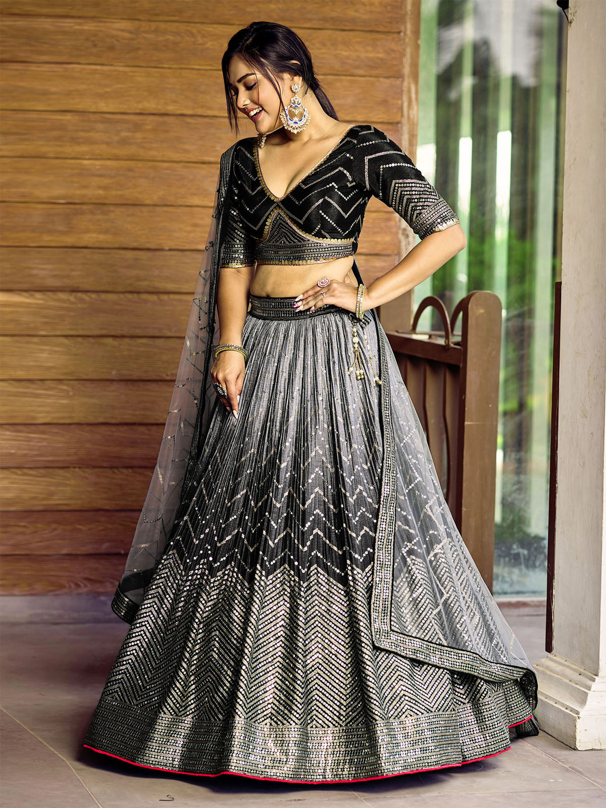 Odette Black Chinon Embellished Semi Stitched Lehenga With Unstitched Blouse For Women