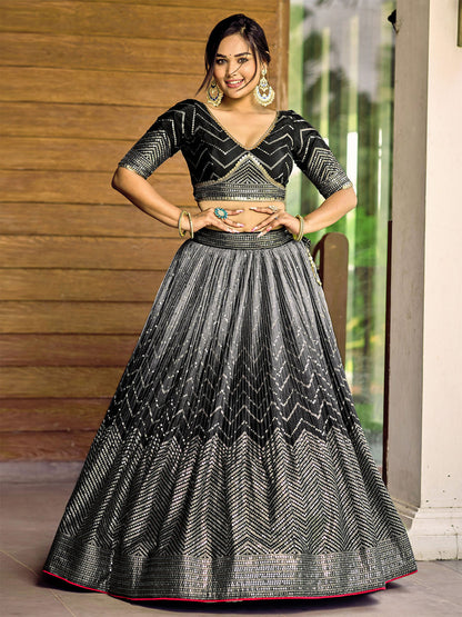 Odette Black Chinon Embellished Semi Stitched Lehenga With Unstitched Blouse For Women