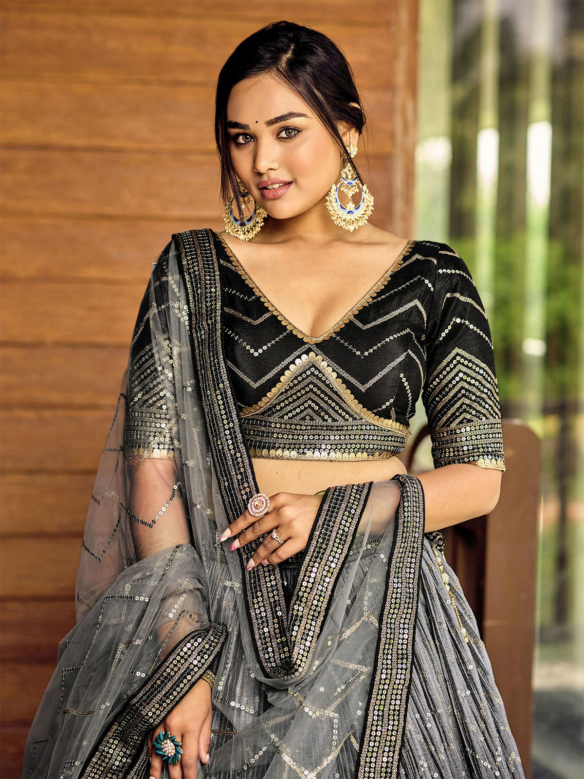 Odette Black Chinon Embellished Semi Stitched Lehenga With Unstitched Blouse For Women