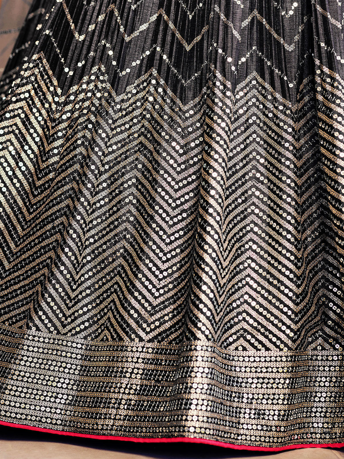 Odette Black Chinon Embellished Semi Stitched Lehenga With Unstitched Blouse For Women