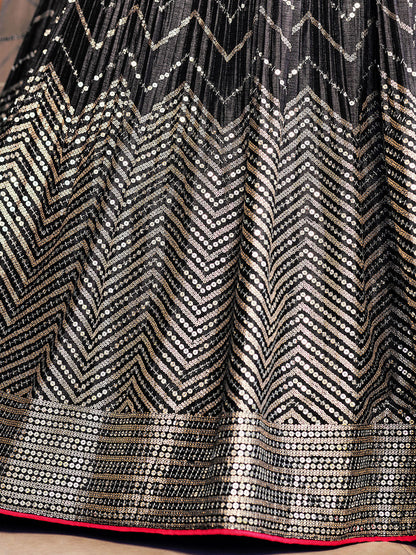 Odette Black Chinon Embellished Semi Stitched Lehenga With Unstitched Blouse For Women