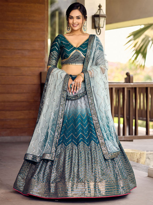 Odette Blue Chinon Embellished Semi Stitched Lehenga With Unstitched Blouse For Women