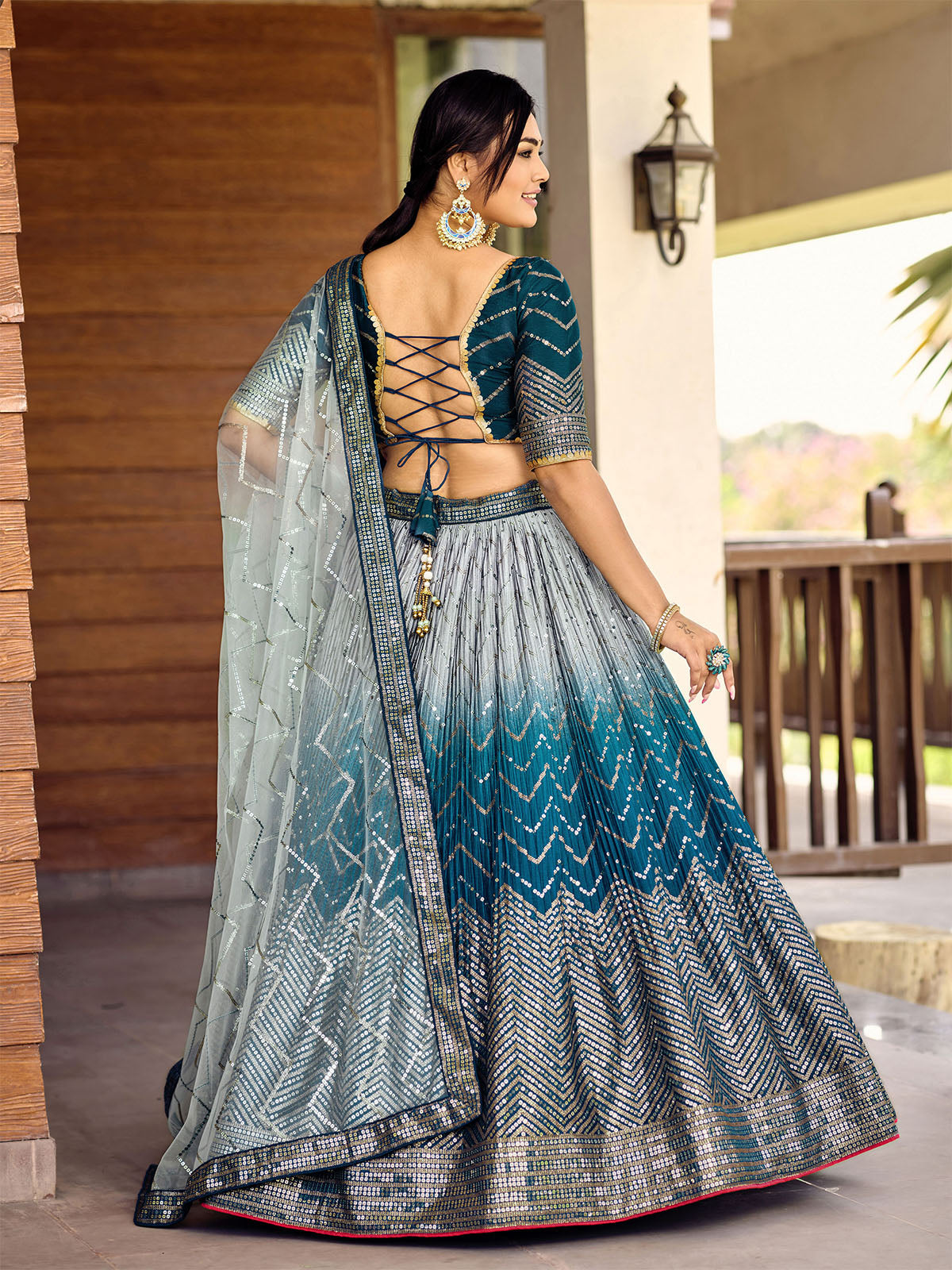 Odette Blue Chinon Embellished Semi Stitched Lehenga With Unstitched Blouse For Women