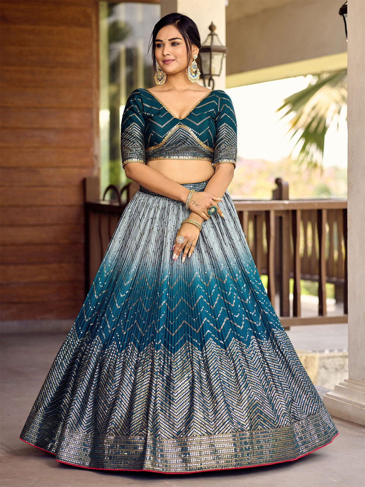 Odette Blue Chinon Embellished Semi Stitched Lehenga With Unstitched Blouse For Women