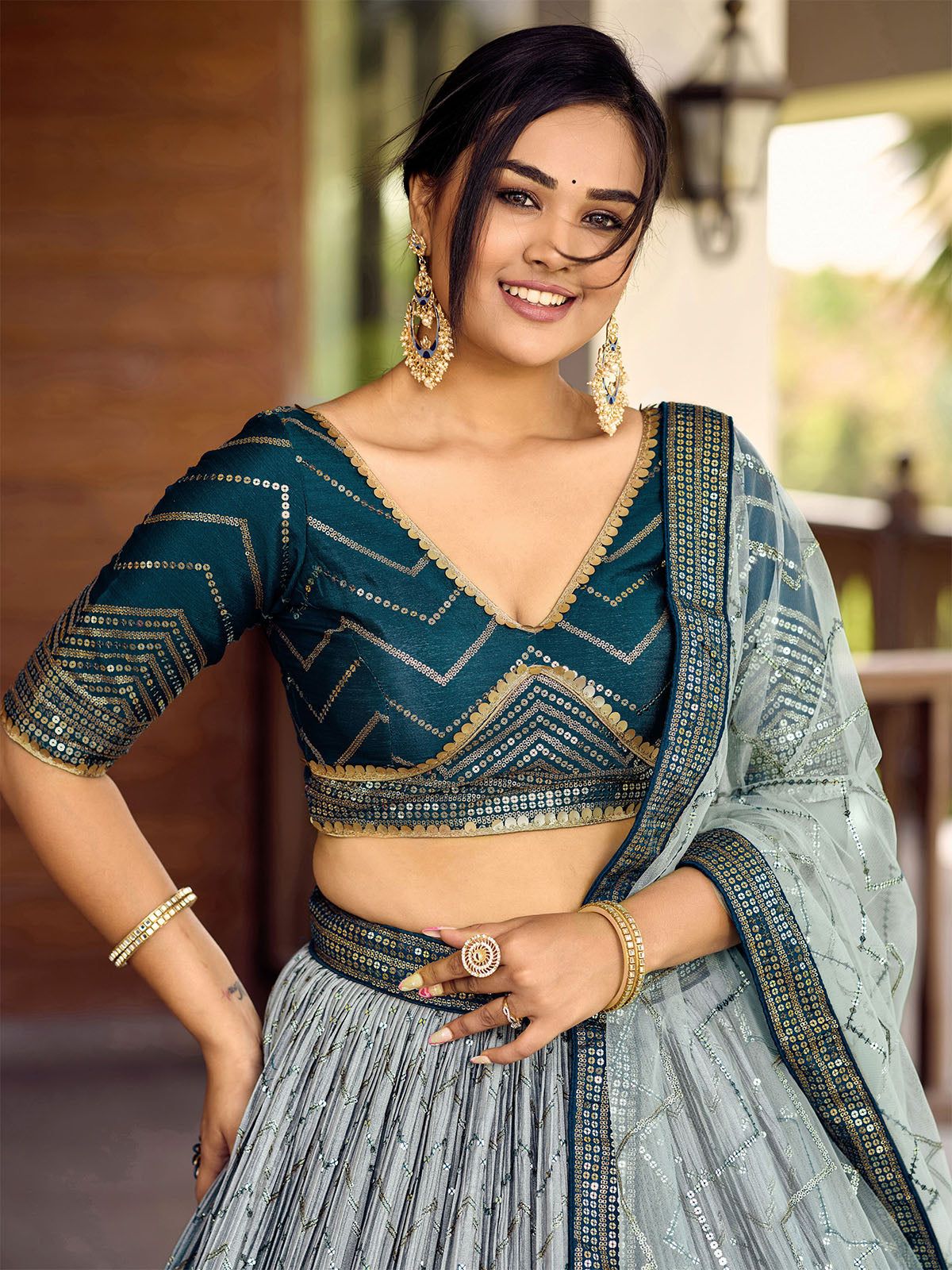 Odette Blue Chinon Embellished Semi Stitched Lehenga With Unstitched Blouse For Women