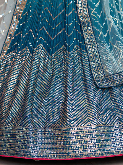 Odette Blue Chinon Embellished Semi Stitched Lehenga With Unstitched Blouse For Women