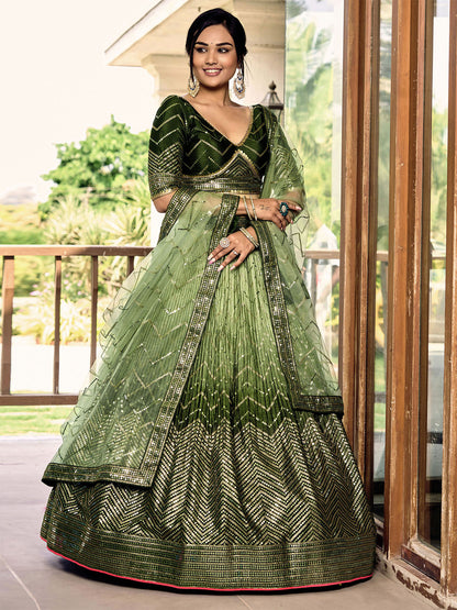 Odette Green Chinon Embellished Semi Stitched Lehenga With Unstitched Blouse For Women