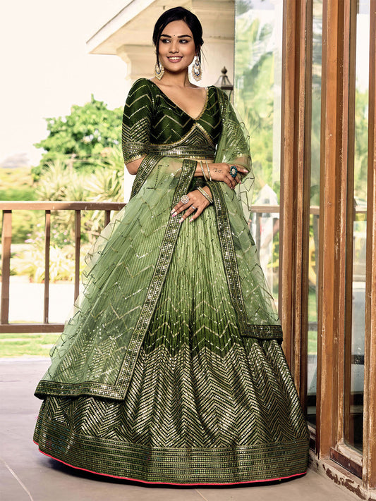 Odette Green Chinon Embellished Semi Stitched Lehenga With Unstitched Blouse For Women