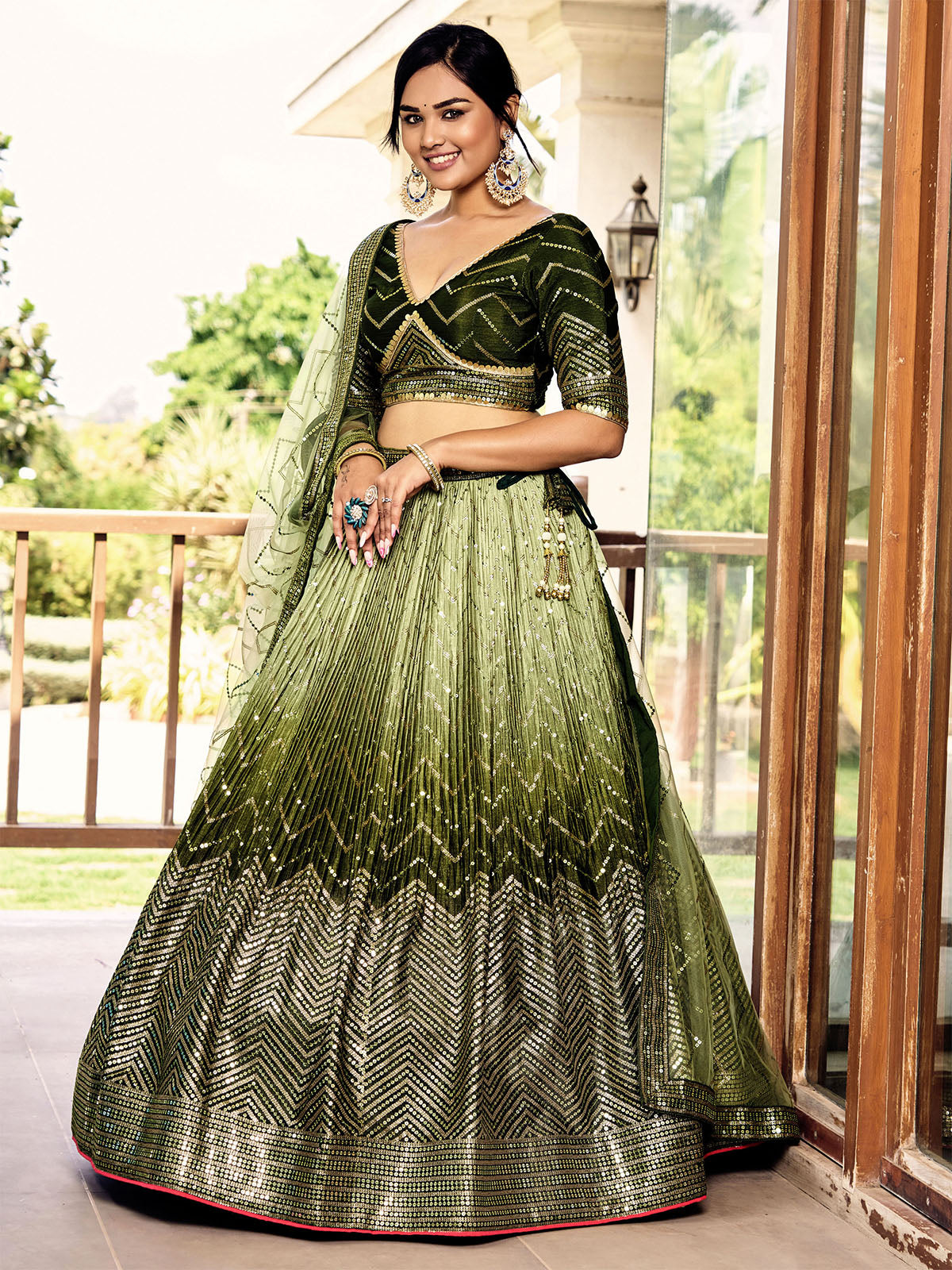 Odette Green Chinon Embellished Semi Stitched Lehenga With Unstitched Blouse For Women