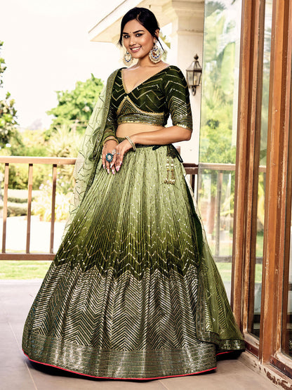 Odette Green Chinon Embellished Semi Stitched Lehenga With Unstitched Blouse For Women