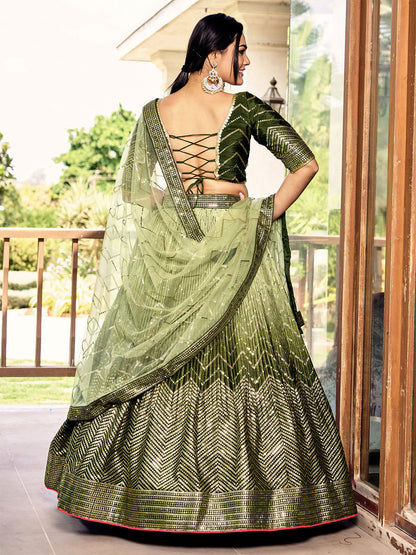 Odette Green Chinon Embellished Semi Stitched Lehenga With Unstitched Blouse For Women