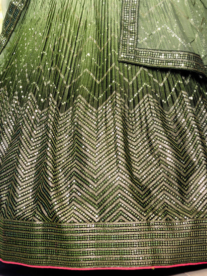 Odette Green Chinon Embellished Semi Stitched Lehenga With Unstitched Blouse For Women