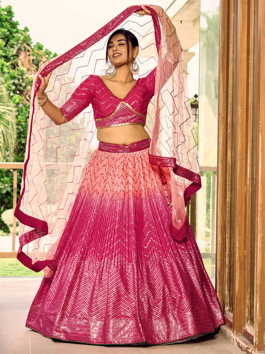 Odette Pink Chinon Embellished Semi Stitched Lehenga With Unstitched Blouse For Women