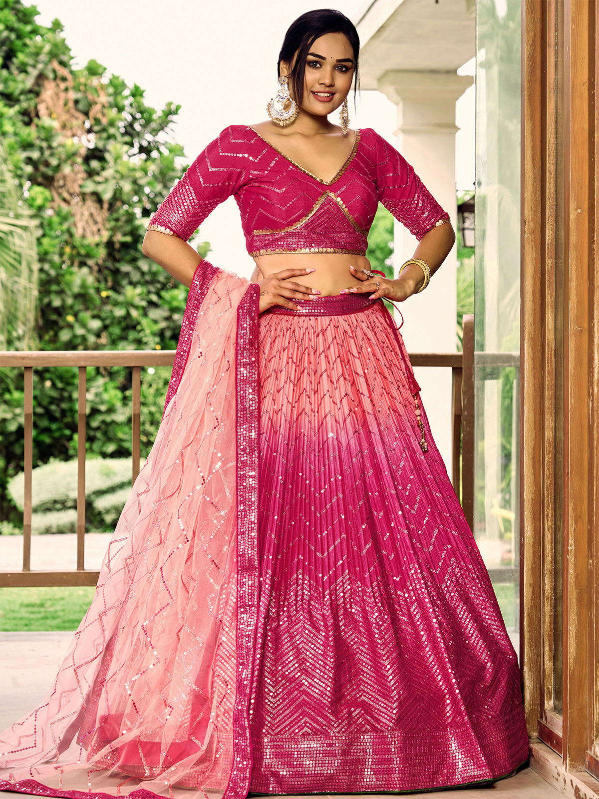 Odette Pink Chinon Embellished Semi Stitched Lehenga With Unstitched Blouse For Women