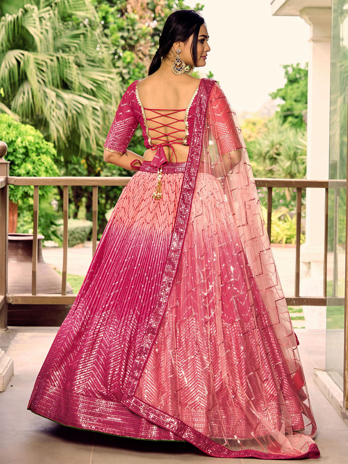Odette Pink Chinon Embellished Semi Stitched Lehenga With Unstitched Blouse For Women