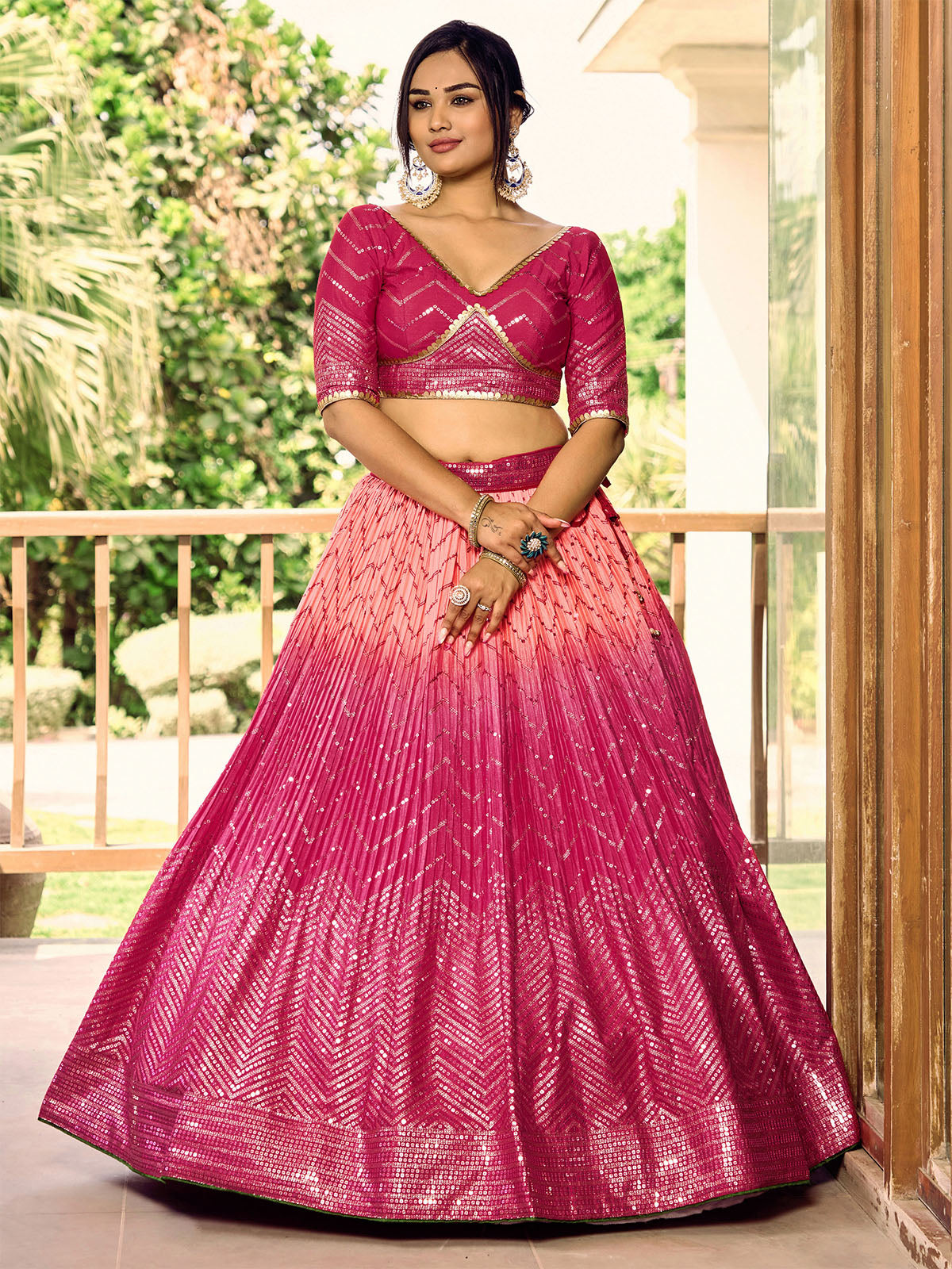 Odette Pink Chinon Embellished Semi Stitched Lehenga With Unstitched Blouse For Women