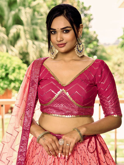 Odette Pink Chinon Embellished Semi Stitched Lehenga With Unstitched Blouse For Women