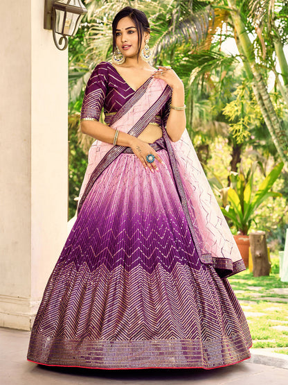 Odette Purple Chinon Embellished Semi Stitched Lehenga With Unstitched Blouse For Women