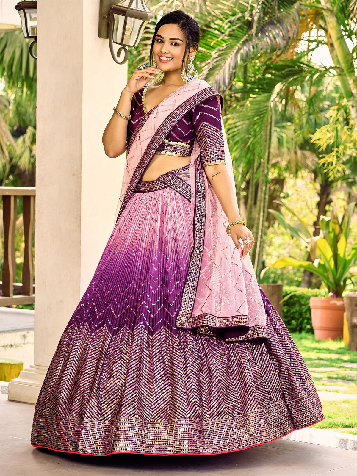 Odette Purple Chinon Embellished Semi Stitched Lehenga With Unstitched Blouse For Women