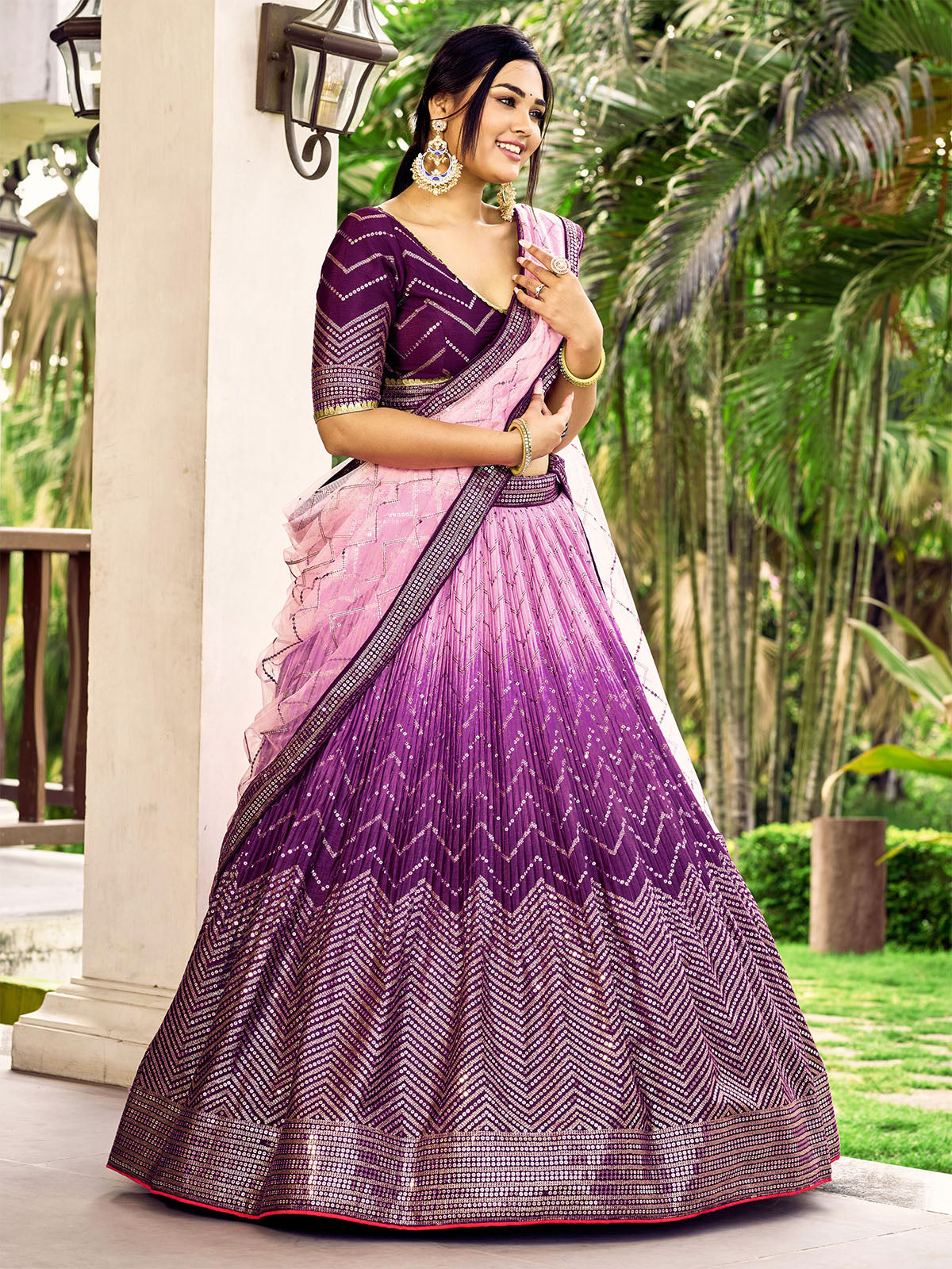 Odette Purple Chinon Embellished Semi Stitched Lehenga With Unstitched Blouse For Women