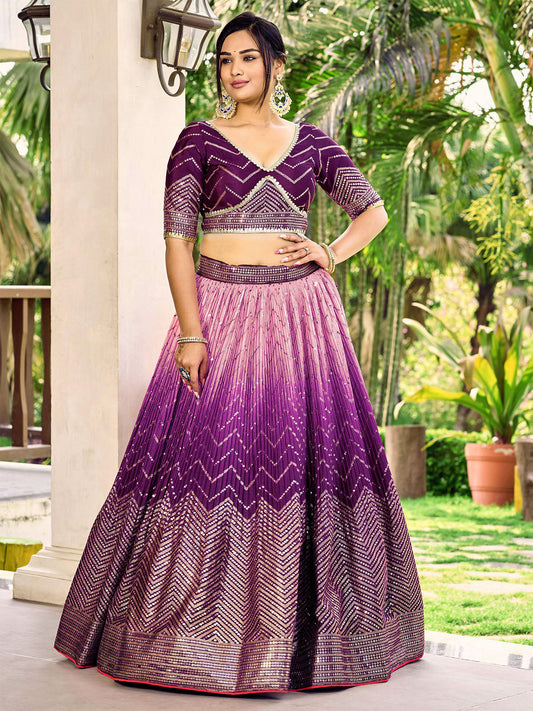 Odette Purple Chinon Embellished Semi Stitched Lehenga With Unstitched Blouse For Women