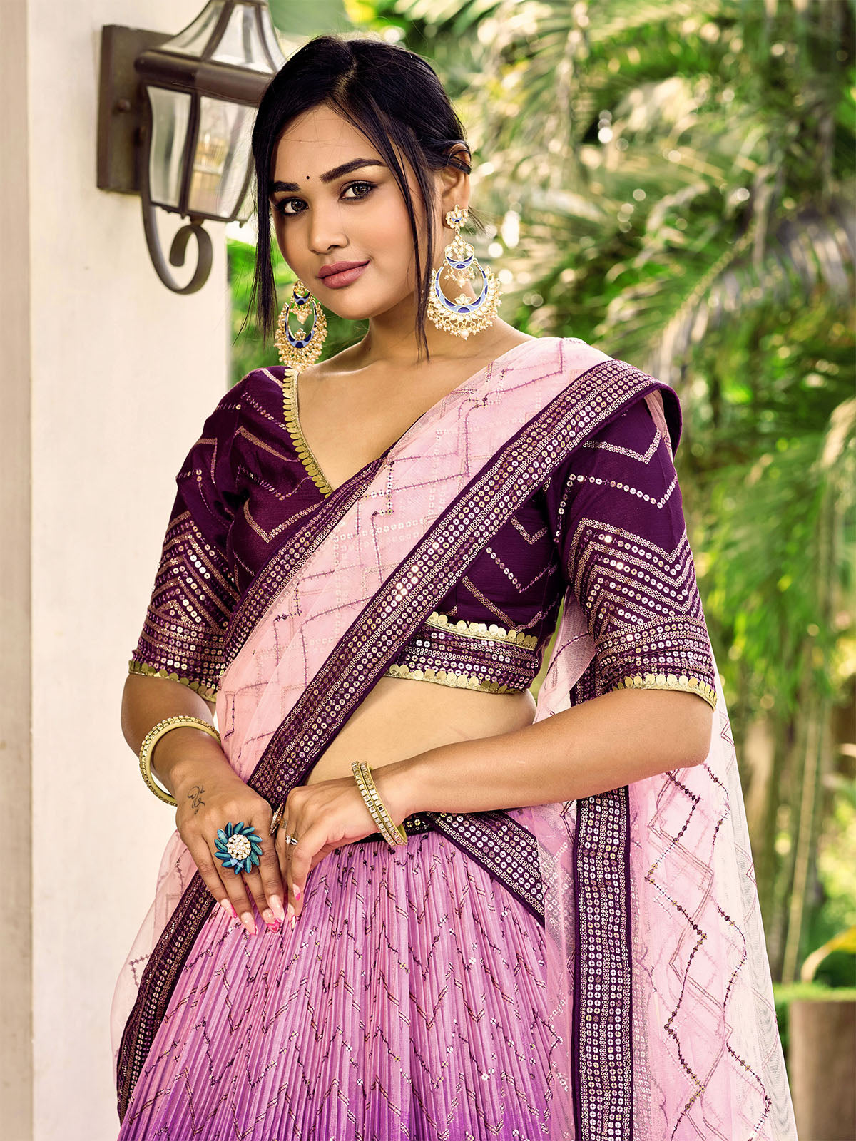 Odette Purple Chinon Embellished Semi Stitched Lehenga With Unstitched Blouse For Women
