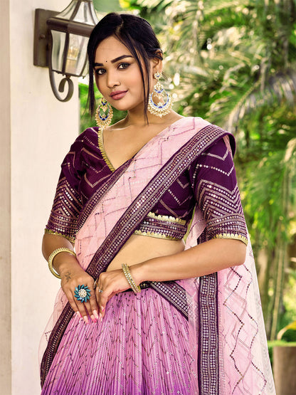 Odette Purple Chinon Embellished Semi Stitched Lehenga With Unstitched Blouse For Women