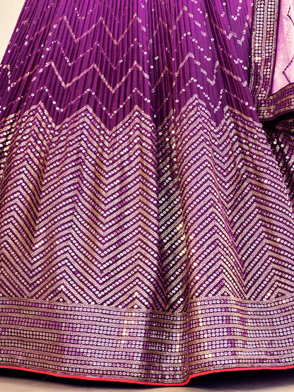 Odette Purple Chinon Embellished Semi Stitched Lehenga With Unstitched Blouse For Women