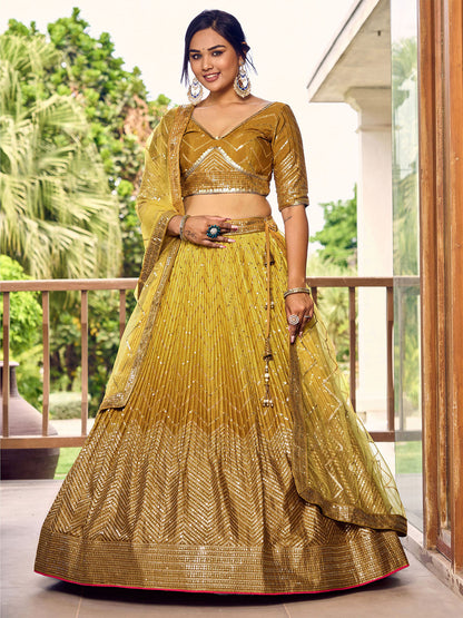 Odette Yellow Chinon Embellished Semi Stitched Lehenga With Unstitched Blouse For Women